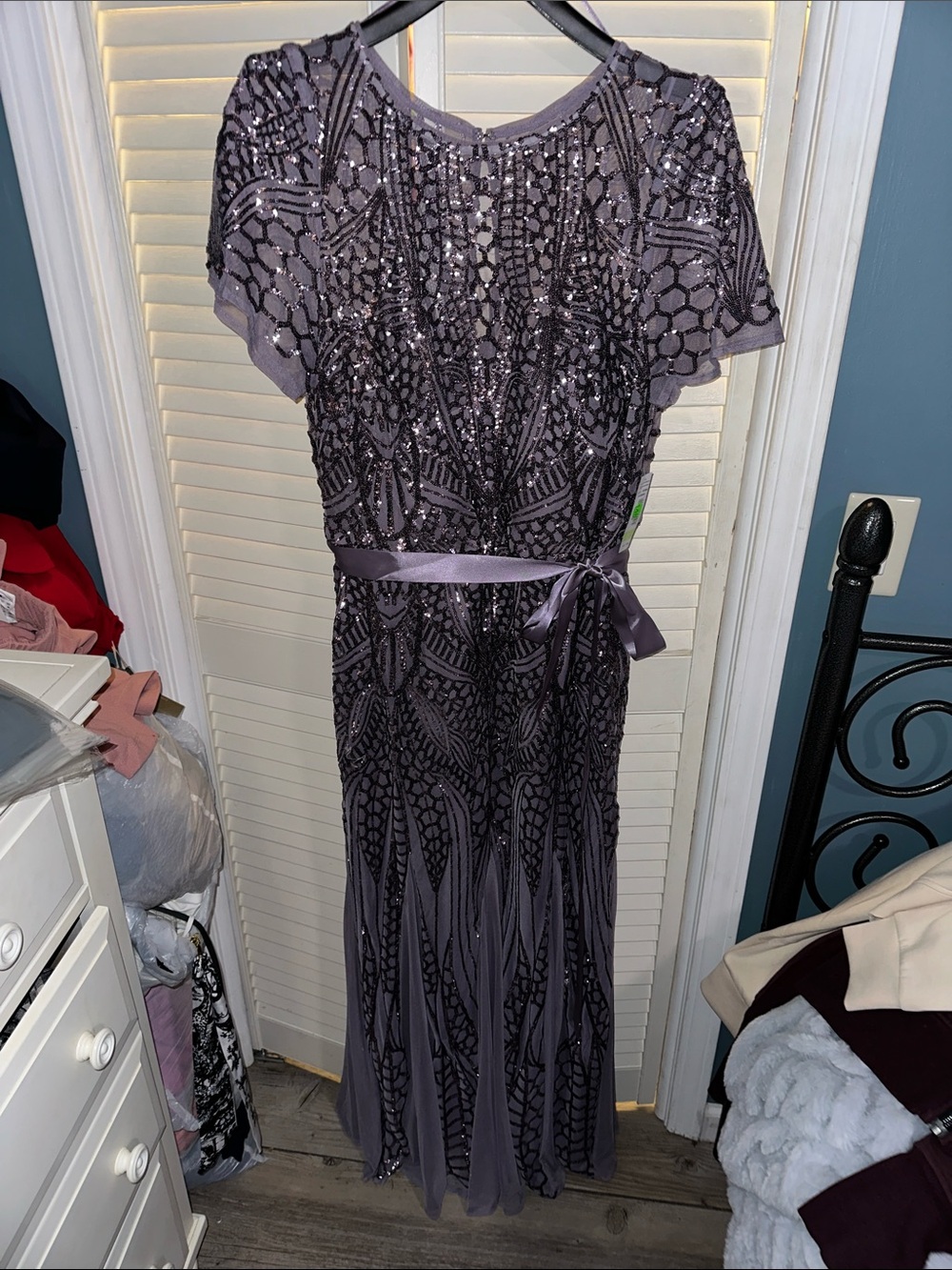R&M Richards Purple Sequin Embellished Maxi Dress with Satin Waist Tie